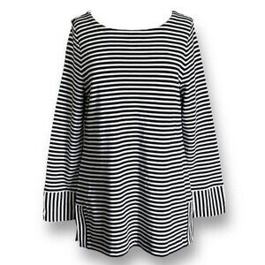 Talbots Womens Tunic Top Sz L Black White Stripe Cotton Pullover Blouse Nautical